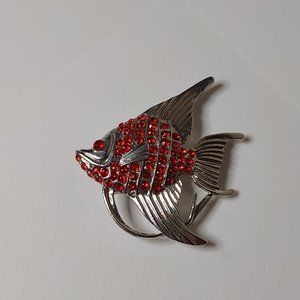 Very Cool Silver Tone And Red Fish Brooch